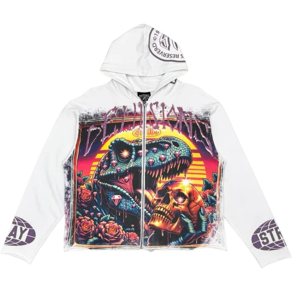 STRAY - RHINESTONE “DELUSIONS” FULL ZIP UP HOODIE, STONE, NWT!